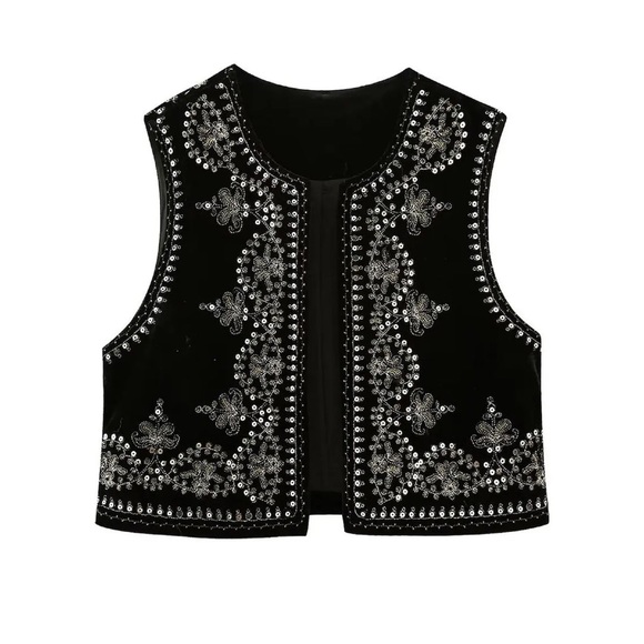 Black Embroidered Sparkle Thread Velvet Vest|commense - Picture 2 of 9